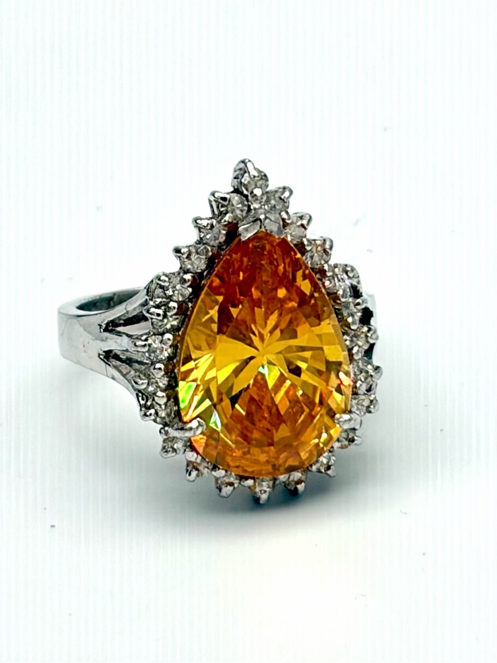 Luxury Teardrop Orange Yellow CZ Halo Cocktail Ring, Leach and Garner Sterling